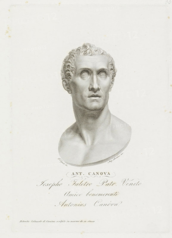 Portrait bust of Antonio Canova, Sculptures by Antonio Canova, print, Sculpted self-portrait of Antonio Canova., printmaker: Angelo Bertini, Italy, after drawing by Giovanni Tognolli, after sculpture by Antonio Canova, dedicated by: Antonio Canova, dedicated to: Josepho Faletro, 1812 - 1838, after sculpture by, paper, engraving, gravure, height 250 mm x width 174 mm, This print is part of a series of unknown size featuring representations of sculptures by Antonio Canova by various printmakers after drawings by Giovanni Tognolli., Person, piece of sculpture, reproduction of a piece of sculpture, historical persons, portrait, self-portrait or artist, A grayscale engraving of a classical male bust depicted from the shoulders up, showing short wavy hair, a smooth forehead, defined brows, hollowed eyes, a straight nose, and closed lips, with detailed shading on the neck and chest and a pale textured background.