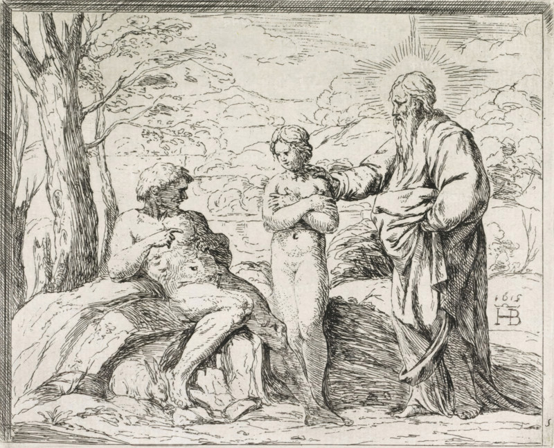 God creates Adam and Eve, Paintings in the Loggia by Raphael, print, Series number, 5, 52, God, an old man with a beard, stands in a landscape with Adam and Eve whom he has just created., printmaker: Orazio Borgianni, Italy, after painting by Raphael, Vatican City, 1615, paper, etching, height 140 mm x width 173 mm, A detailed ink drawing shows three human figures in a natural setting framed by a decorative border. On the left a seated figure reclines on a rock with an arm supporting their torso and the other hand resting near their abdomen, their head turned toward the center; nearby a tree trunk rises with visible bark lines and branches extending into the scene. In the center a standing figure faces forward with arms crossed over the chest and a neutral facial expression, positioned between the seated figure and the standing figure on the right. On the right a robed standing figure with a long beard and flowing garments reaches a hand toward the central figure, and lines radiate beh...