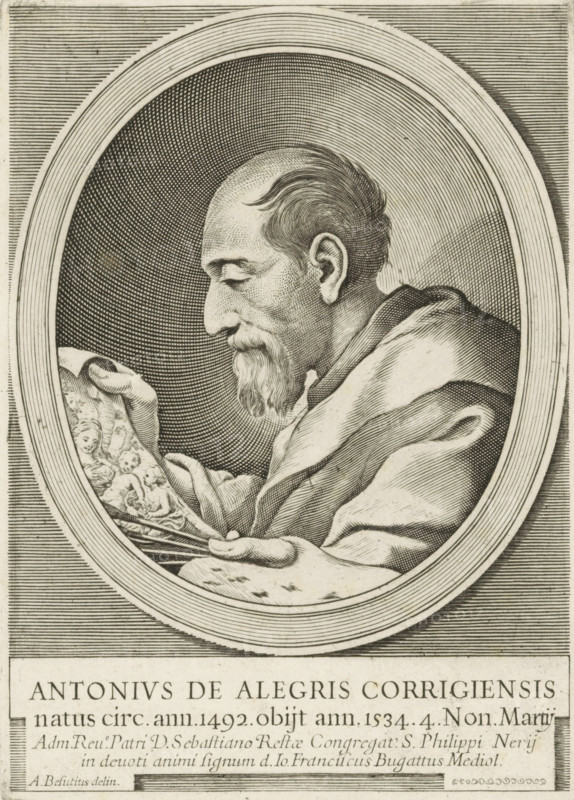 Portrait of the painter Correggio, print, printmaker: Giovanni Francesco Bugatti, Italy, after design by Giovanni Ambrogio Besozzi, 1600 - 1699, paper, etching, engraving, engraving and etching, height 154 mm x width 111 mm, Person, Correggio, historical persons, portrait, self-portrait of artist, An oval-framed engraved portrait shows an elderly man in profile facing left, with a high forehead, receding hair, a long hooked nose, and a pointed beard; he wears a draped garment and holds a palette and brushes in one hand while a hand holds a painted panel depicting small figures, and the background inside the oval is filled with concentric engraved lines.