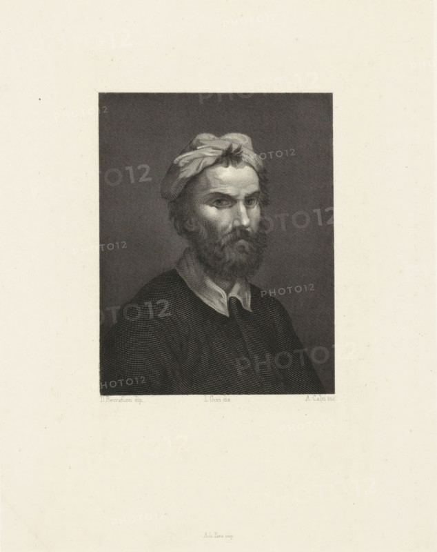 Portrait of the painter Domenico Beccafumi, print, printmaker: Achille Calzi, Italy, after drawing by Lamberto Cristiano Gori, after painting by Domenico Beccafumi, publisher: unknown, Paris, 1821 - 1850, paper, chine collé, steel engraving, steel engraving on chine collé, height 261 mm x width 205 mm, After a painted self-portrait by Domenico Beccafumi that is kept in the Uffizi Gallery in Florence., Person, portrait, self-portrait of artist, anonymous historical person depicted, A monochrome engraved portrait of a bearded man shown from the chest up, wearing a dark textured garment and a lighter collar, with a loosely wrapped cloth or turban on his head and a serious facial expression, set against a dark rectangular background within a large pale margin.