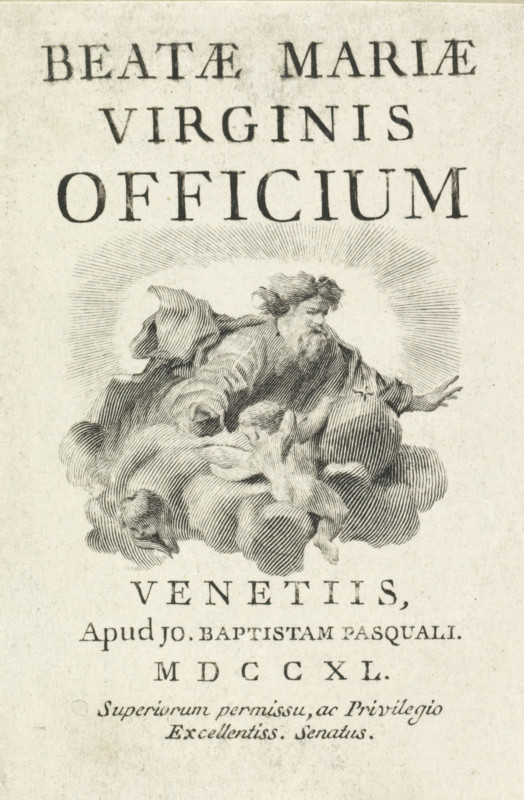 Title print with God the Father on a cloud with putti, Beatae Mariae virginis officium, print, title print, printmaker: attributed to Giovanni Cattini, Italy, publisher: Giovanni Battista Pasquali, Venice, grantor of privilege: Senate of Venice, 1740, provider of privilege, Attributed to, paper, etching, engraving, engraving and etching, height 106 mm x width 70 mm, Title print of a series of 16 prints., cherubs, i.e. children's heads with wings, God the Father, A vertical engraving on aged paper showing the upper half of a decorative title page with ornamental lettering at the top, followed by an engraved scene of a bearded figure with flowing hair and robes emerging from stylized clouds, a radiant halo of lines behind the figure, and a small cherubic child clinging to the clouds below; additional lines of printed text appear beneath the illustration.