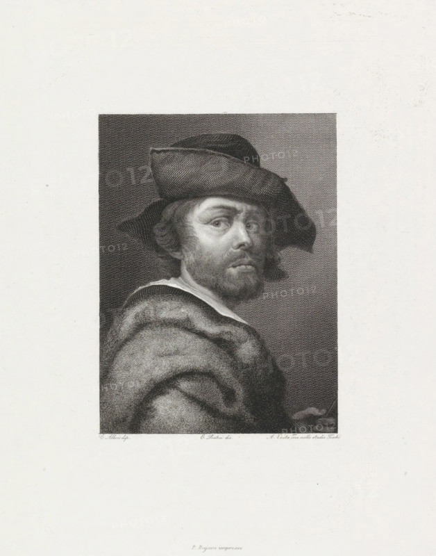 Portrait of painter Cristofano Allori, print, collector's mark: 'Oval with fleur de lys and text.', printmaker: Antonio Costa, Italy, after drawing by E. Pratesi, after painting by Cristofano Allori, 1814 - 1875, Antonio Costa, E. Pratesi, Cristofano Allori, printmaker, after drawing by, after painting by, paper, chine collé, engraving, engraving on chine collé, height 245 mm x width 190 mm, After self-portrait by Cristofano Allori in the Uffizi Gallery in Florence., Person, historical persons, portrait, self-portrait of artist, A monochrome engraved portrait of a bearded man shown from the shoulders up in a three-quarter view, wearing a broad, soft hat with a turned brim and a thick fur-lined cloak, his face turned toward the viewer with a neutral expression, textured shading forming the background and detailed cross-hatching defining hair, facial features, and clothing.