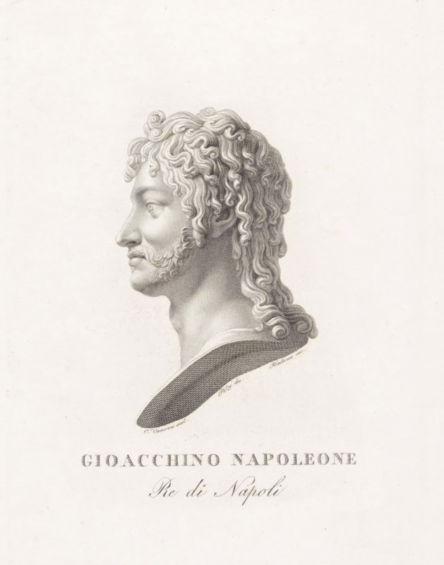 Gioacchino Napoleone, Portrait bust of Joachim Murat, print, Portrait bust of Joachim Murat by the Italian sculptor Antonio Canova., printmaker: Pietro Fontana, Italy, after drawing by Pozzi, after sculpture by Antonio Canova, 1773 - 1837, Antonio Canova, after sculpture by, paper, engraving, height 237 mm x width 174 mm, The original sculpture by Canova is in the Museo Nazionale di Capodimonte in Naples., Person, Joachim Murat, piece of sculpture, reproduction of a piece of sculpture, historical persons, A detailed engraved profile of a man facing left with curly hair and sideburns, rendered in fine lines and shading on a light background, showing the head and a partial neck and shoulder draped with a textured garment, with decorative curls in the hair and subtle stippling on the face.