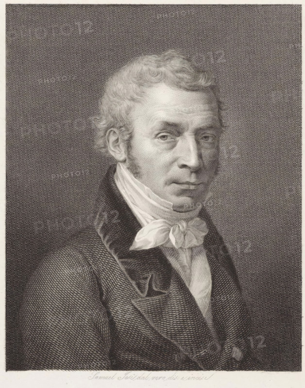 Portrait of printmaker Giuseppe Longhi, print, printmaker: Samuele Jesi, Italy, 1798 - 1853, paper, engraving, height 291 mm x width 221 mm, Person, Giuseppe Longhi, historical persons, portrait, self-portrait of artist, A detailed engraved portrait of a middle-aged man shown from the chest up, facing slightly toward the viewer's left, with wavy hair and sideburns rendered in fine lines, a high forehead, and a composed expression; he wears a dark textured coat with a wide collar over a light shirt and a tied neckcloth with a prominent knot, and the background consists of a dense crosshatched pattern covering the entire field behind him.
