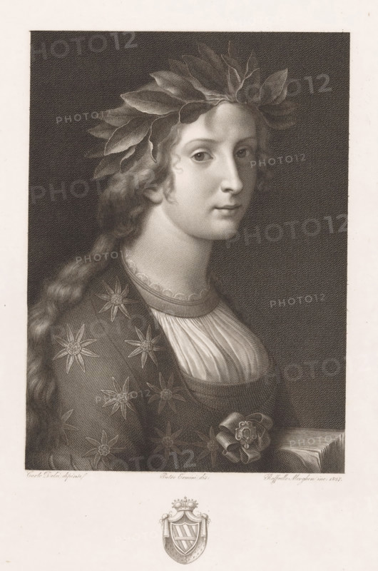 Allegory of poetry, print, Portrait of a woman with a book and a laurel wreath around her head. Allegorical representation of poetry., printmaker: Raphael Morghen, Italy, after drawing by Pietro Ermini, after painting by Carlo Dolci, 1827, paper, engraving, etching, gravure et ets, height 324 mm x width 226 mm, After a painting by Carlo Dolci in Palazzo Corsini in Florence., symbolic representations, allegories and emblems, poetry, 'Poesia' (Ripa), A detailed grayscale portrait of a young person shown from the shoulders up, facing slightly to the viewer's right, wearing a wreath of large leaves on the head and long wavy hair cascading over one shoulder, with a calm facial expression and clear, softly shaded features; the clothing includes a patterned outer garment decorated with star-like floral motifs, a pleated or gathered undergarment at the chest, and a decorative rosette pinned near the shoulder, all rendered against a dark textured rectangular background and framed by a lighter b...