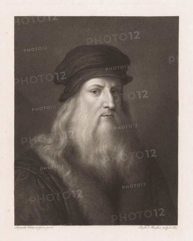 Portrait of artist Leonardo da Vinci, print, printmaker: Raphael Morghen, Florence, after painting by Leonardo da Vinci, Italy, 1768 - 1833, Tuscany, paper, engraving, height 305 mm x width 220 mm, Person, historical persons, portrait, self-portrait of artist, A monochrome engraved portrait of an older man shown from the shoulders up, wearing a soft rounded hat and a long flowing beard and mustache, his face turned slightly to one side with a calm expression, detailed fine lines creating texture in the hair, skin, hat, and clothing, set against a dark crosshatched background with a light border around the image.