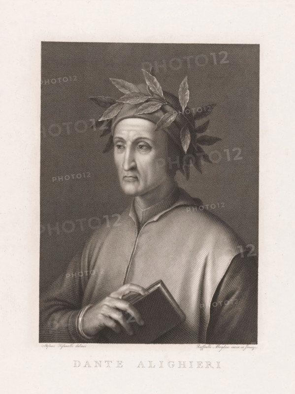 Portrait of poet Dante Alighieri, print, printmaker: Raphael Morghen, Florence, after drawing by Stefano Tofanelli, Italy, 1768 - 1833, Tuscany, paper, engraving, etching, engraving and etching, height 326 mm x width 234 mm, Person, Dante Alighieri, historical persons, portrait of a writer, writer, poet, author, A monochrome engraved portrait of a man shown from the chest up wearing a robe and a laurel wreath on his head, his gaze directed slightly to the side, with detailed shading on his face, hair, and clothing; one hand holds a closed book near his chest, and the background is a finely textured dark field framed within a lighter border.