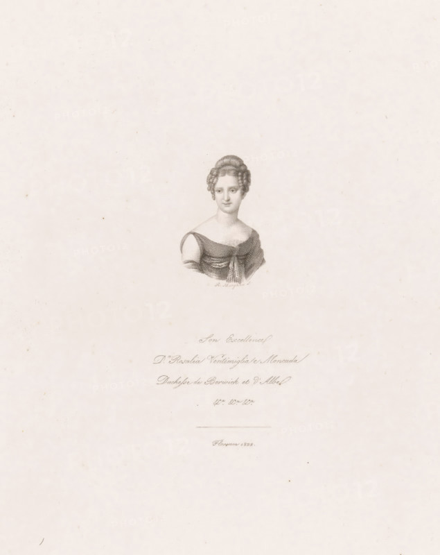 Portrait of Rosalia Vintimiglia, Duchess of Berwick and Alba, print, printmaker: Raphael Morghen, Florence, 1822, Tuscany, paper, engraving, etching, engraving and etching, height 262 mm x width 184 mm, Person, Rosalia Vintimiglia, historical persons, ruler, sovereign - BB - female ruler, A centered engraved portrait of a woman from the chest up on a light, slightly textured background, showing her face with a calm expression and hair styled in an updo with curled sides, wearing a low-cut dress with draped fabric over her shoulders and a shawl-like wrap across her chest; faint decorative marks and small spots appear on the surrounding paper.