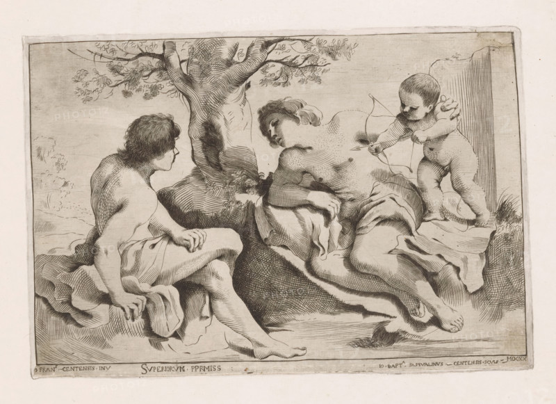 Venus and Adonis with Cupid, print, Venus and Adonis partially undressed in a landscape. Next to Venus stands Cupid with a drawn bow., number: 'No. 57', printmaker: Giovanni Battista Pasqualini, Italy, after design by Guercino, grantor of privilege: Paul V (possibly), Vatican City, 1620, paper, engraving, intaglio printmaking technique, engraving with plate tone, height 173 mm x width 254 mm, Print pasted onto a sheet and provided with an imitation plate edge., (story of) Cupid, Amor (Eros), Venus and Adonis as lovers, A detailed monochrome engraving shows three nude figures arranged near a large, textured tree trunk with branches and foliage extending above them. Two adult figures recline on draped fabric at the tree’s base, one facing left with curly hair and a turned profile, the other leaning toward the first with a bowed head and relaxed arm. A smaller childlike figure stands to the right, holding a drawn bow aimed toward the reclining figures. The scene includes folds of cloth, s...