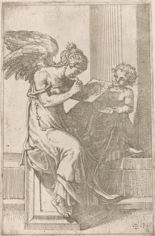 Painting (Pictura), print, Painting (Pictura) as a winged woman. She is painting a panel, while a child holds the painter's palette beside her., printmaker: Bartolomeo Passarotti, Italy, after drawing by Pirro Ligorio (attributed to), 1539 - 1592, Bartolomeo Passarotti, Pirro Ligorio, printmaker, after drawing by, Attributed to, paper, etching, intaglio printmaking technique, etching with plate tone, height 279 mm x width 183 mm, Print in mirror image after a drawing attributed to Pirro Ligorio., 'Pictura', symbolic representations, allegories and emblems, painting, 'Pittura' (Ripa), A finely detailed line drawing shows a winged figure seated and leaning toward a child while holding a rectangular object that the child touches; the winged figure has curled hair tied back and flowing drapery with visible folds, and the large feathered wings extend behind; the child sits upright with curly hair, bare shoulders, and a draped lower garment, holding a small flat object; both figures rest on ...