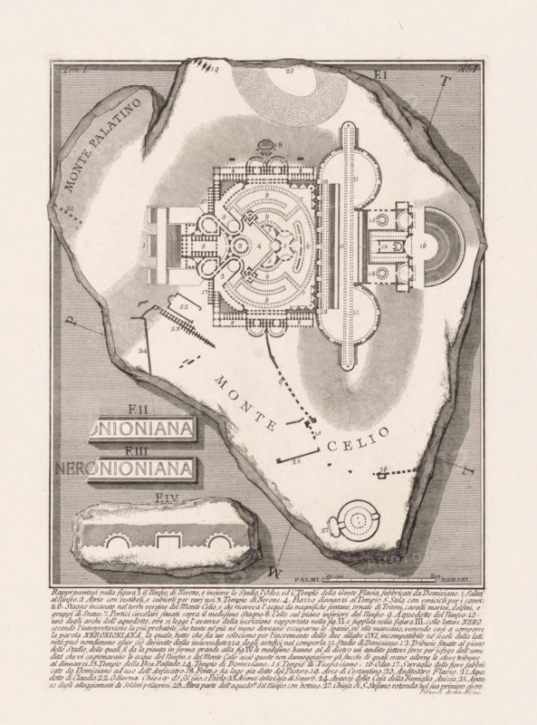 Nymphaeum of Nero in Rome, Le Antichità Romane, Archaeological finds in and around Rome, print, Plan of the Nymphaeum of Nero in Rome. Below the Hill of Caelian, upper left the Palatine Hill. Lower left three details. Numbered upper left: Tom. I. Numbered upper right: XLI. Fourteen lines of Latin text in lower margin., printmaker: Giovanni Battista Piranesi, Rome, c. 1756 - c. 1757, paper, etching, height 352 mm x width 243 mm, This print is part of the series 'Le Antichità Romane'. Piranesi conducted preliminary studies for more than eight years for this series of 250 plates, which was published in four volumes. He produced the prints between ca. 1756 and 1757. The series also includes prints by or after other printmakers, including Francesco Bianchini and Girolamo Rossi., ruin of a building, architecture, plan, Coelius, Nymphaeum of Nero, An overhead architectural plan rendered in fine black lines on a light background shows a roughly irregular island shape with rocky edges and shade...