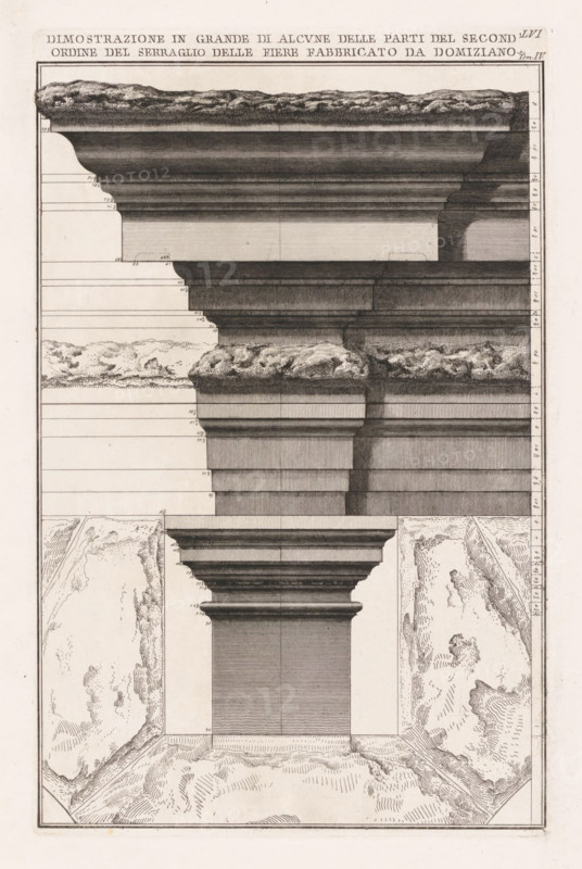 Large demonstration of parts of the second order of the serraglio of the fies fabricated by Domiziano, Remnants of the Curia Hostilia in Rome, Roman Antiquities, Archaeological finds in and around Rome, print, Remnants of the Curia Hostilia in Rome (identified on print as the menagerie of Emperor Domitian): cornice and part of a column. Title above. Numbered top right: LVI, Tom. IV., printmaker: Giovanni Battista Piranesi, Rome, c. 1756 - c. 1757, paper, etching, height 411 mm x width 263 mm, This print is part of the series 'Le Antichità Romane'. Piranesi conducted preliminary studies for more than eight years for this series of 250 plates, which was published in four volumes. He produced the prints between ca. 1756 and 1757. The series also includes prints by or after other printmakers, including Francesco Bianchini and Girolamo Rossi., ruin of a building, architecture, column, pillar, Curia Hostilia, An engraved architectural drawing shows a vertical cross section of a classical col...