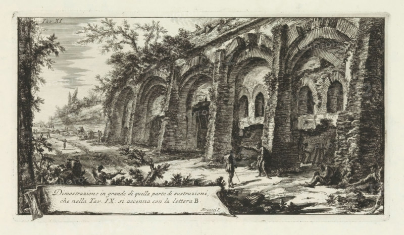 Structure with arches in the Alban Hills, Dimostrazione in grande di quella parte di sustruzion, Two decorated caves by Lake Albano, Di due spelonche ornate dagli antichi alla Riva del Lago Albano, print, A structure with five arches along a road. According to the title, which refers to another print from the same series, these are the foundations of Clodio's Villa in the Alban Hills, later owned by the Barberini family. Title bottom left. Numbered top left: Tav. XI., printmaker: Giovanni Battista Piranesi, Rome, after design by Giovanni Battista Piranesi, 1762, Giovanni Battista Piranesi, printmaker, paper, etching, ets, height 159 mm x width 285 mm, Deze prent maakt deel uit van de serie 'Di due spelonche ornate dagli antichi alla Riva del Lago Albano'. The series consists of a vignette and twelve prints, ruin of a building, architecture, city-view, and landscape with man-made constructions, Albanian Hills, An etching showing a long row of large stone arches forming a ruined structur...