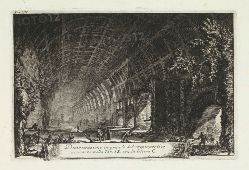 Detail of the cryptoporticus in the Villa of Clodio, Dimostrazione in grande del criptoportic, Di due spelonche ornate dagli antichi alla Riva del Lago Albano, Two decorated grottoes by Lake Albano, print, View into a cryptoporticus (covered gallery) with a coffered ceiling. According to the title, which refers to another print from the same series, it concerns the foundations of the Villa of Clodio in the Alban Hills, later owned by the Barberini family. Title bottom center. Numbered top left: Tav. XII., printmaker: Giovanni Battista Piranesi, Rome, 1762, paper, etching, height 190 mm x width 289 mm, This print is part of the series 'Di due spelonche ornate dagli antichi alla Riva del Lago Albano'. The series consists of a vignette and twelve prints., ruin of a building, architecture, gallery (spacious corridor), Alban Hills, A wide interior scene rendered in dark ink shows a vaulted arched ceiling with repetitive rectangular coffers receding into the distance, flanked by high walls w...