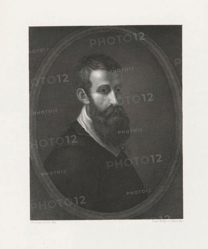 Portrait of painter Perino del Vaga, print, printmaker: Levi Pollacco, after painting by Perino del Vaga, Italy, printer (person): Achille Paris, Florence, c. 1850 - c. 1870, printer (person), Tuscany, paper, chine collé, engraving, engraving on chine collé, height 285 mm x width 195 mm, Person, historical persons, portrait, self-portrait of artist, A black and white engraved portrait of a man shown from the shoulders up in an oval frame, featuring short wavy hair, a full beard and mustache, visible ear, and a high collared shirt beneath a dark garment, with fine crosshatch shading creating tonal variation across the face, hair, clothing, and the textured background inside the oval.