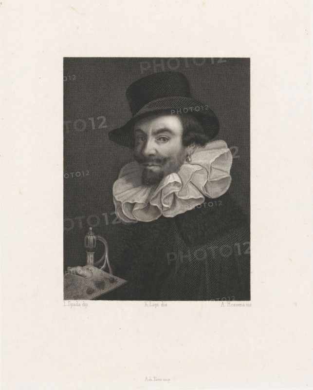 Portrait of painter Lionello Spada, print, collector's mark: 'Unclear.', printmaker: A. Rossena, Italy, after drawing by Emilio Lapi, after painting by Lionello Spada, 1800 - 1899, A. Rossena, Emilio Lapi, Lionello Spada, printmaker, after drawing by, after painting by, paper, chine collé, engraving, etching, engraving and etching on chine collé, height 235 mm x width 189 mm, After a painted self-portrait by Lionello Spada in the Vasari Corridor in Florence., Person, historical persons, portrait, self-portrait of artist, self-portrait of painter, A monochrome engraved portrait of a man shown from the chest up against a dark textured background, wearing a tall brimmed hat and a voluminous ruffled collar, with a mustache and pointed beard, one ear visible with a hoop earring, his gaze directed slightly to the side, a hand resting on a surface holding an object with a rounded top and curved handle, and the image is framed by a wide blank margin.