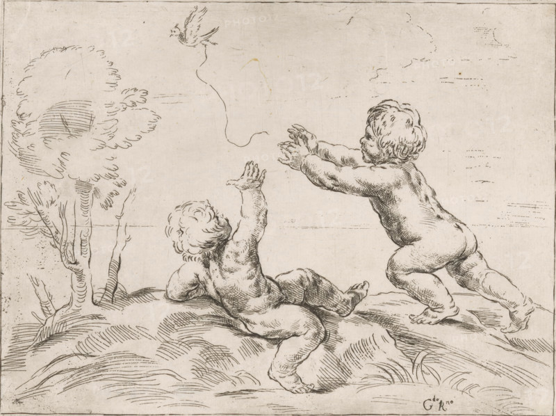 Two children playing with a bird, print, Two children in a landscape. A bird on a string, with which they were just playing, flies away from them., printmaker: Girolamo Rossi (I), Italy, after design by Guido Reni, 1632 - 1664, paper, etching, intaglio printmaking technique, etching with plate tone, height 197 mm x width 264 mm, birds, child playing with animals, toddler, A monochrome line drawing shows two naked young children on a gently sloping, textured ground. One child reclines on the ground, looking upward with an arm raised toward the sky, curly hair and a rounded back visible. The other child is kneeling and leaning forward with both arms outstretched and a turned face, showing curly hair and muscular contours. A small bird flies above them, connected to a trailing thin line. To the left, a stylized tree with a leafy canopy and visible trunk lines rises from the ground. The scene is rendered with fluid hatch marks and contour lines on a pale background.