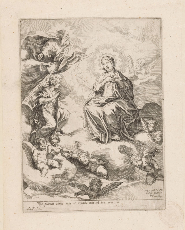 Tota pulcrias amica mea et macula non est inte cant iiii, Destination of the Virgin Mary, print, God the Father and angels appear to the Blessed Virgin Mary on clouds. Title in Latin in bottom margin., number: '3', Italy, after print by Ventura Salimbeni, publisher: unknown, Rome, in or after 1590, Ventura Salimbeni, printmaker, after print by, paper, etching, intaglio printmaking technique, etching with plate tone, width 204 mm x height 150 mm, cupids: 'amores', 'amoretti', 'putti', angels, the Virgin Mary, God the Father, A detailed line engraving shows a seated robed woman with a radiant halo around her head, hands crossed over her chest, surrounded by billowing clouds. To her left an older bearded figure leans forward from the clouds with flowing robes and an outstretched hand. Below and around them are multiple cherubic figures with small wings, some reclining on clouds and others floating, their bodies rendered with soft contours and delicate shading. To the left of the seated wo...