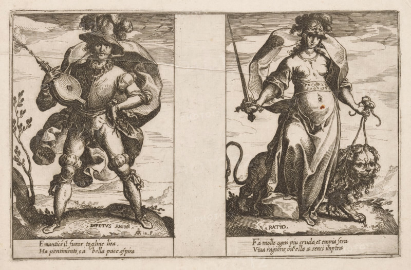 Impetuosity and Reason, Attributes of the Soul, print, Two representations of personifications. Left: Impetuosity (Impetus Animi) as a man with a feathered hat and a bellows. Right: Reason (Ratio) as a woman with a sword and a lion. Both representations with two lines of Italian verse in the lower margin., printmaker: Raffaello Schiaminossi, Italy, c. 1605, paper, etching, intaglio printmaking technique, etching with plate tone, height 155 mm x width 243 mm, This print is part of the series 'Attributi dell'Anima', consisting of twelve personifications printed from six plates., beasts of prey, predatory animals: lion, Rationality, Reasoning, 'Ratiocinatione o Discorso' (Ripa), bellows, A sepia-toned print divided into two vertical panels shows two standing figures on rocky ground with a plain sky background. On the left, a man wearing a wide-brimmed hat with plumes and a flowing cape holds a lute against his chest; he wears puffed sleeves, a doublet, hose with knee puffs, and boots with...