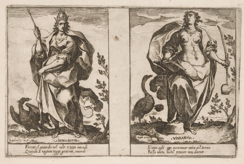 Intellect and Vigilance, Attributes of the Soul, print, Two representations of personifications. Left: Intellect (Intellectus) as a woman with a scepter and a burning crown. At her feet an eagle. Right: Vigilance (Vigilantia) as a woman with a book and an oil lamp. At her feet a crane, standing on one leg and holding a stone in its raised claw. Both representations with two lines of Italian verse in the lower margin., printmaker: Raffaello Schiaminossi, Italy, c. 1605, paper, etching, intaglio printmaking technique, etching with plate tone, height 155 mm x width 240 mm, This print is part of the series 'Attributi dell'Anima', consisting of twelve personifications printed from six plates., shore-birds and wading-birds: crane, predatory birds: eagle, oil-lamp, Alertness, Vigilance, 'Guardia', 'Vigilanza', 'Vigilanza per difendersi & oppugnare altri' (Ripa) (personification), 'Intellectus', 'Intelligentia', Understanding, one of the seven gifts of the Holy Ghost, Two adjacent rectangular ...