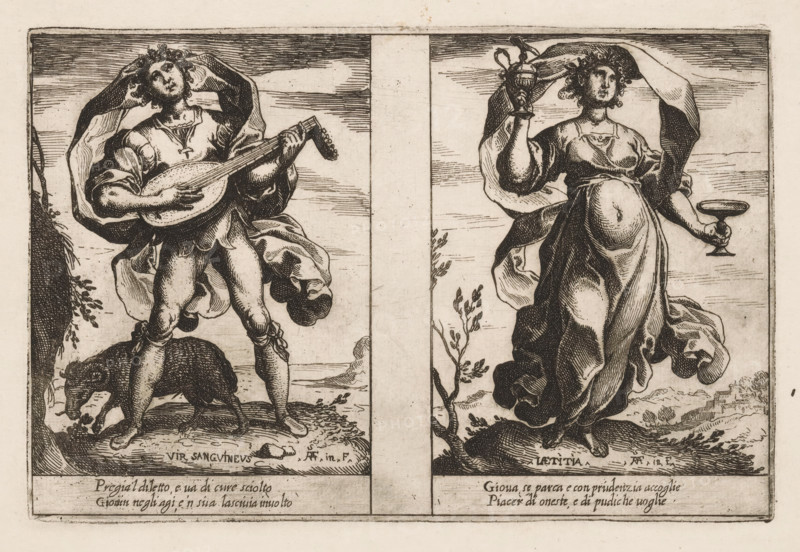 Sanguineous Man and Happiness, Attributes of the Soul, Attributi dell'Anima, print, Two representations of personifications. Left: the Sanguineous Man (Vir Sanguineus) as a young man with a lute. At his feet a ram, eating a plant. Right: Happiness (Laetitia) as a woman with a jug and drinking bowl. Both representations with two lines of Italian verse in the lower margin., printmaker: Raffaello Schiaminossi, Italy, after design by Raffaello Schiaminossi, c. 1605, Raffaello Schiaminossi, printmaker, paper, etching, intaglio printmaking technique, etching with plate tone, height 151 mm x width 228 mm, This print is part of the series 'Attributi dell'Anima', consisting of twelve personifications printed from six plates., lute, and special forms of lute, eg: theorbo - CC - out of doors, ram, Pleasure, Enjoyment, Joy, 'Allegrezza', 'Allegrezza da le medaglie', 'Allegrezza, letitia e giubilo', 'Diletto', 'Piacere', 'Piacere honesto' (Ripa), 'Sanguigno (per l'aria)' (Ripa), The image shows two...