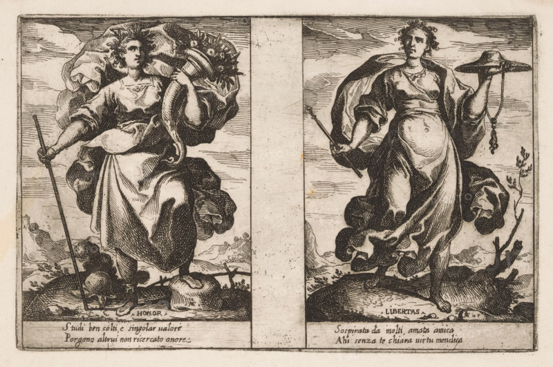 Honor and Liberty, Attributes of the Soul, print, Two representations of personifications. Left: Honor (Honor) as a woman with the horn of plenty (cornucopia). Right: Liberty (Libertas) as a woman with a hat and a scepter. Both representations with two lines of Italian verse in the lower margin., printmaker: Raffaello Schiaminossi, Italy, c. 1605, paper, etching, intaglio printmaking technique, etching with plate tone, height 151 mm x width 235 mm, This print is part of the series 'Attributi dell'Anima', consisting of twelve personifications printed from six plates., Honour, Glory, 'Ampiezza della Gloria', 'Gloria', 'Gloria de prencipi', 'Gloria & Honore', 'Honore', 'Sublimatà della Gloria' (Ripa), 'Cornucopia', Horn of Plenty, Freedom, Liberty, 'Libertà' (Ripa), Two vertical panels show standing female figures framed by engraved borders. The left figure wears flowing robes and a cloak that billows behind her, holds a staff in one hand and a curved horn filled with flowers in the other...
