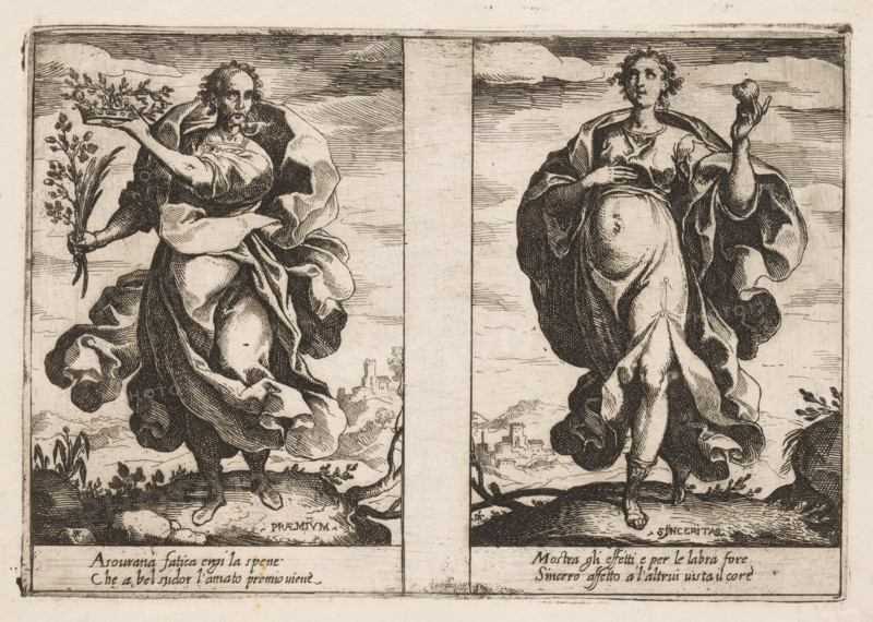 Reward and Honesty, Attributes of the Soul, Attributi dell'Anima, print, Two depictions of female personifications. Left: reward (Praemium) with a crown and branch in her hand. Right: honesty (Sinceritas) with her heart in her hand. Both depictions with two lines of Italian verse in the lower margin., printmaker: Raffaello Schiaminossi, Italy, after design by Raffaello Schiaminossi, c. 1605, Raffaello Schiaminossi, printmaker, paper, etching, intaglio printmaking technique, etching with plate tone, height 155 mm x width 223 mm, This print is part of the series 'Attributi dell'Anima', consisting of twelve personifications printed from six plates., city-view, and landscape with man-made constructions, Reward, 'Praemium', 'Premio', 'Remuneratione' (Ripa) (personification), heart - AA - female human figure, Two tall, robed figures stand side by side within bordered panels separated by a vertical column. The left figure faces slightly toward the right, holding a sprig of foliage in one hand...