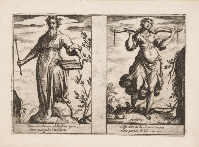 Merit and Servitude, Attributes of the Soul, print, Two representations of personifications. Left: Merit (Meritum) as a bearded man with a scepter and a book. Right: Servitude (Servitus) as a woman with a yoke on her shoulders. Both depictions with two lines of Italian verse in the lower margin., printmaker: Raffaello Schiaminossi, Italy, 1605, paper, etching, intaglio printmaking technique, etching with plate tone, height 155 mm x width 223 mm, This print is part of the series 'Attributi dell'Anima', consisting of twelve personifications printed from six plates., city-view, and landscape with man-made constructions, yoke, Merit, 'Merito' (Ripa) (personification), The image shows two vertical panels side by side, each containing a standing figure rendered in detailed black ink lines on a pale background; the left figure is an older bearded man wearing a long robe and a leafy wreath on his head, holding a staff in one hand and a rectangular object in the other while standing on a rocky ...
