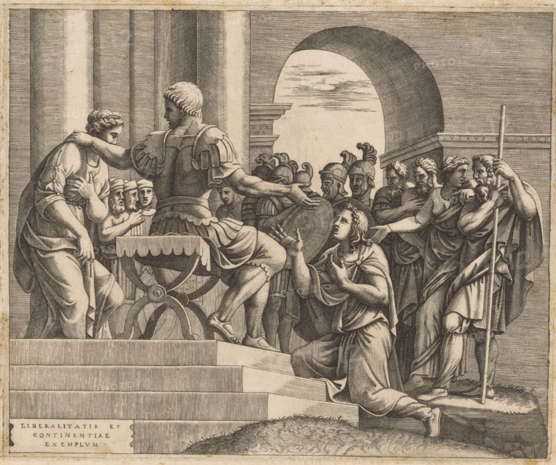 The Continence of Scipio, print, Scipio the Elder returns a captured virgin to her betrothed who kneels before him. Latin text in a cartouche lower left., printmaker: Diana Scultori, Italy, after painting by Giulio Romano, c. 1557 - c. 1612, paper, engraving, intaglio printmaking technique, engraving with plate tone, height 210 mm x width 254 mm, the continence of Scipio: he restores a captive woman to her bridegroom Allucius, who kneels before him, the ransom offered by the bride's parents is given to Allucius as a wedding-gift, A detailed black and white engraving shows a group of classical figures arranged on steps and around a chariot wheel, with one central armored figure seated on the chariot reaching an arm toward a kneeling, pleading figure in draped clothing; to the left a standing figure leans forward with an arm across their chest while smaller helmeted heads appear near the chariot, and behind the central scene a line of helmeted soldiers and bearded men stand beneath a lar...