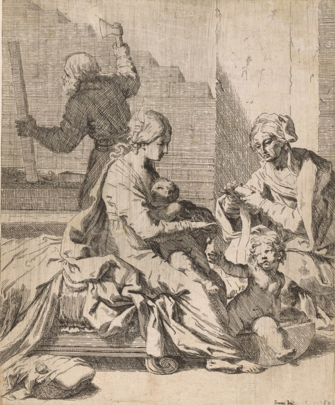 Holy Family with John the Baptist and Elizabeth, print, In the foreground Mary is breastfeeding the Christ Child. Sitting with her are the young John the Baptist and his mother Elizabeth. In the background, Joseph is at work with an axe., printmaker: Elisabetta Sirani, Italy, after design by Giovanni Andrea Sirani, 1648 - 1665, paper, etching, intaglio printmaking technique, etching with plate tone, height 261 mm x width 215 mm, The print is pasted onto a sheet and provided with an imitation plate edge., Christ-child suckling, or beginning to suckle, e.g. Mary uncovering her breast, Madonna-representations, Holy Family with John the Baptist, Elizabeth present, A detailed monochrome etching shows several figures on a set of stone steps and a plain background with vertical hatch shading; a seated woman in a flowing dress cradles a small infant swaddled against her chest while another child reaches upward beside her, both rendered with fine linework on their faces and limbs; to the right ...