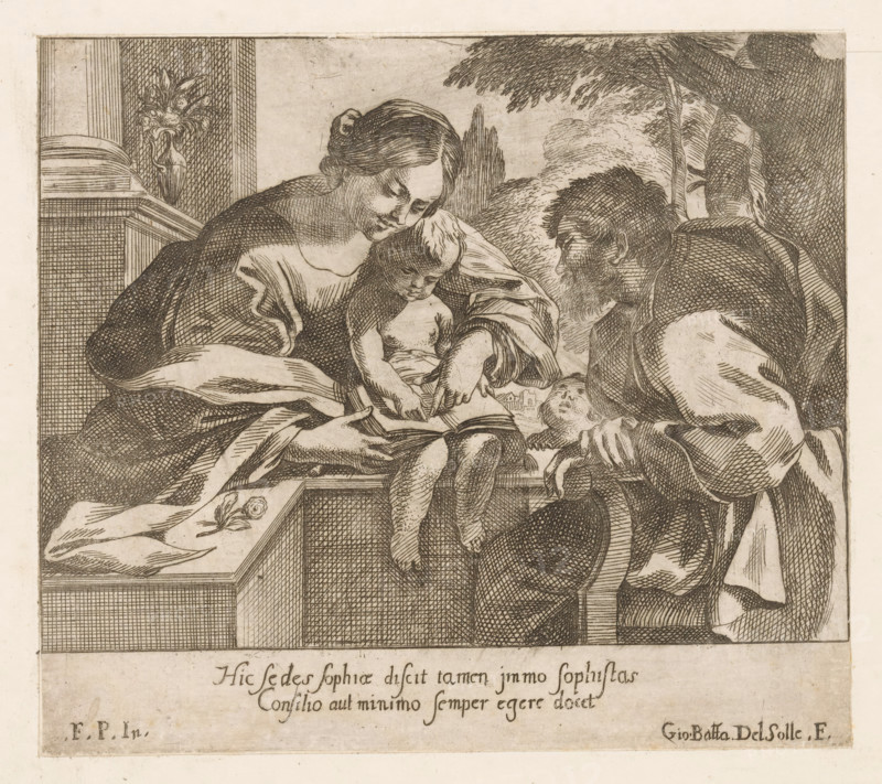 Mary teaches the Christ-child to read, print, The Christ-child sitting with a book on his lap. Mary stands behind him and points at the book together with him. Joseph sits on the right. Two lines of Latin text in the bottom margin., printmaker: Giovanni Battista del Sole, Italy, after print by François Perrier, after 1629 - in or before c. 1719, François Perrier, after print by, paper, etching, intaglio printmaking technique, etching with plate tone, height 186 mm x width 212 mm, A monochrome etching shows three seated adults and a child gathered closely around an open book, with a woman on the left bending toward the child and holding the book, a small naked child sitting on a ledge and looking at the pages, a bearded man on the right leaning in and resting a hand near the child, and another man partially visible behind him; drapery and folds of clothing create dark crosshatched shading, a stone ledge with a floral motif is visible beneath the child, and behind the group there are tre...