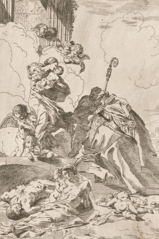Three saints interceding for victims of the plague, print, Three saints kneel before Mary and the Christ Child. In the foreground, victims of the plague. In the background, a landscape with buildings, possibly the city of Lucca., printmaker, after print by, Italy, Pietro Testa, paper, etching, intaglio printmaking technique, etching with plate tone, height 267 mm x width 185 mm, saints, city-view, and landscape with man-made constructions, Madonna: ie Mary with the Christ-child, plague, Tuscany, Lucca, A detailed, monochrome engraving shows a group of figures on a rocky, draped landscape with billowing clouds above. A robed woman cradles an infant while several cherubic children with small wings cluster nearby, some floating among the clouds and others standing beside the woman. A robed figure holding a hooked staff leans forward from a higher ledge, partially facing the woman and child. In the foreground, two muscular, unclothed adult figures sit and recline on the ground, one holding...