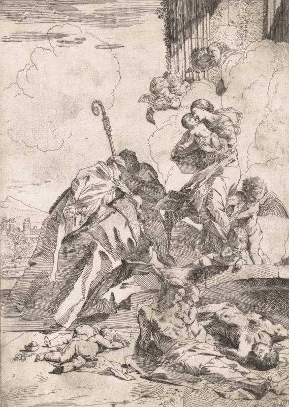 Three saints interceding for victims of the plague, print, Three saints kneel before Mary and the Christ Child. In the foreground, victims of the plague. In the background, a landscape with buildings, possibly the city of Lucca., inscription: '... 191', printmaker: Pietro Testa, Italy, c. 1630 - c. 1631, paper, etching, intaglio printmaking technique, etching with plate tone, height 276 mm x width 195 mm, saints, city-view, and landscape with man-made constructions, Madonna: ie Mary with the Christ-child, plague, Tuscany, Lucca, A sepia-toned line engraving shows a group of robed adults and winged cherubs on rocky ground beneath large billowing clouds; a seated woman holds an infant close to her chest while nearby a figure in ornate robes leans on a shepherd's crook and bows his head, other cloaked figures recline or kneel among draped cloths and uneven stones; cherubs hover on the right, one standing with wings visible and another grasping the woman's garment, while additional reclini...
