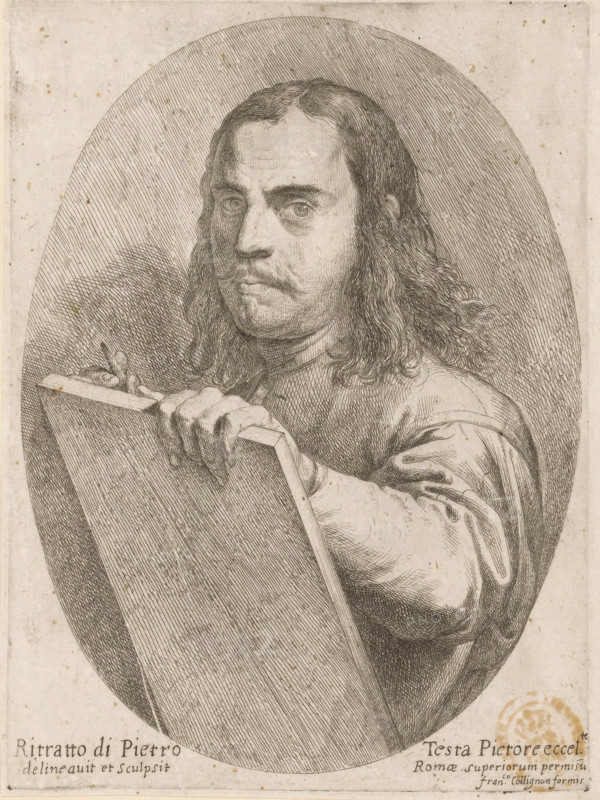 Portrait of artist Pietro Testa, print, printmaker: Pietro Testa, Italy, c. 1647 - c. 1648, paper, etching, intaglio printmaking technique, etching with plate tone, height 226 mm x width 166 mm, Person, historical persons, portrait, self-portrait of artist, A detailed oval portrait etching of a man shown from the chest up facing slightly to his left, with long wavy hair, a mustache and a contemplative expression; he holds a rectangular board or canvas with one hand and a drawing instrument in the other, wearing a loose-sleeved garment, all rendered in fine cross-hatching and line work on aged paper with faint stains and an inscription along the lower edge.