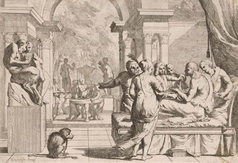 The prodigal son squanders his inheritance, Story of the prodigal son, L' Historia Del Figliolo prodigo, print, The prodigal son on the right on a bed, surrounded by women. On the left a sculpture with two satyrs and on the ground a chained monkey. In the background servants and a fountain., printmaker: Pietro Testa, Rome, after design by Pietro Testa, c. 1621 - 1650, Pietro Testa, printmaker, paper, etching, intaglio printmaking technique, etching with plate tone, height 205 mm x width 297 mm, monkeys, apes, the prodigal son in the midst of prostitutes feasting and dissipating his patrimony, usually in a brothel or inn, A detailed line drawing of an interior scene with classical columns and arches, showing a group of people gathered around a bed or couch where several partially draped figures recline and interact, some holding plates and pouring a liquid. A standing figure with a draped garment faces the reclining group, reaching toward them, while another figure behind gestures with ...