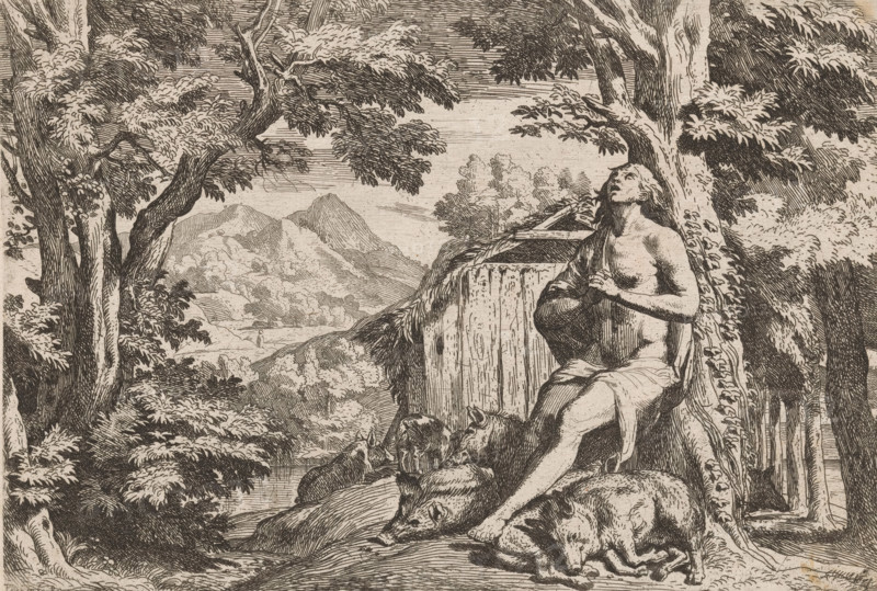 The Prodigal Son as a swineherd, L' Historia Del Figliolo prodigo, Story of the Prodigal Son, print, The Prodigal Son in prayer with a group of pigs at his feet. In the background a mountainous landscape., printmaker: Pietro Testa, Rome, after design by Pietro Testa, c. 1621 - 1650, Pietro Testa, printmaker, paper, etching, intaglio printmaking technique, etching with plate tone, height 204 mm x width 301 mm, city-view, and landscape with man-made constructions, the prodigal son tends the swine and eats from their trough, A detailed monochrome etching shows a partially draped seated woman leaning against a tree with her head tilted upward and hands clasped at her chest, a flowing cloth across her lap and thigh. Around her are large trees with dense foliage and textured bark, and a rocky ledge or cliff beside a vertical rock face. Several reclining hounds lie at her feet on the ground. In the background there are distant rolling hills and a body of water, with more trees and layered veg...