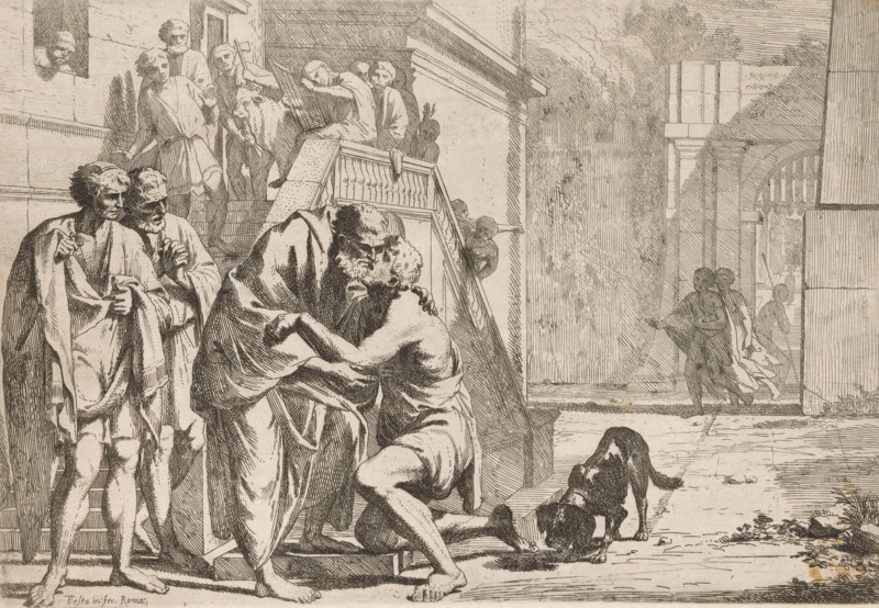Homecoming of the Prodigal Son, L' Historia Del Figliolo prodigo, Story of the Prodigal Son, print, The prodigal son kneels before his father and is embraced by him. On the left, two onlookers and a group of figures on a staircase., printmaker: Pietro Testa, Rome, after design by Pietro Testa, c. 1621 - 1650, Pietro Testa, printmaker, paper, etching, intaglio printmaking technique, etching with plate tone, height 206 mm x width 300 mm, the prodigal son returns home, where his father awaits him, A detailed ink drawing shows a group of people on stone steps and a landing beside architectural columns and an archway. In the foreground an older bearded man in a cloak embraces a younger nearly nude man who kneels and clings to him, their faces close together. Nearby two men in draped garments stand on the steps, one holding fabric and the other with hands clasped, both looking toward the embracing pair. Above on the landing several figures stand and sit, one leaning on a railing and others g...