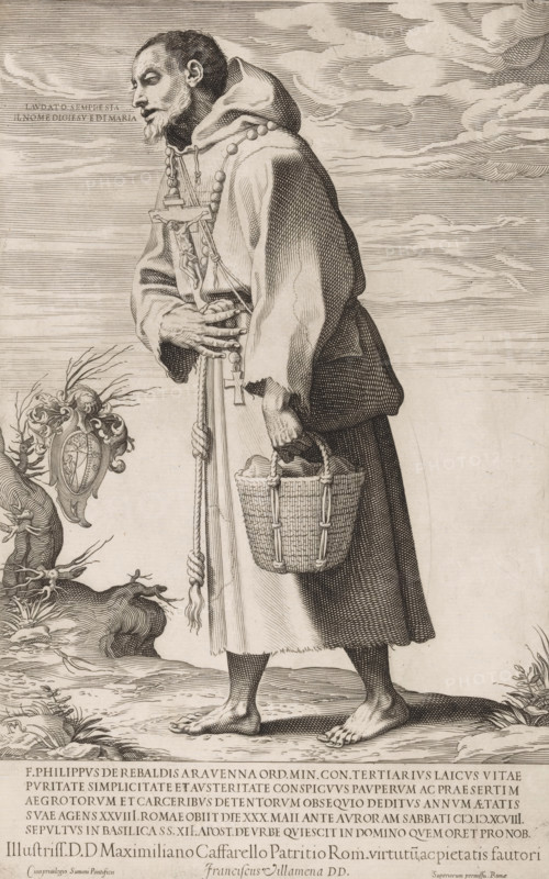Begging monk Philippus de Rebaldis, Street Calls of Rome, print, The monk Philippus de Rebaldis as a beggar. In his hands a crucifix and a basket full of stones. On the left a tree stump with a coat of arms. Five lines of Latin text and dedication in the lower margin., printer: Francesco Villamena, Italy, grantor of privilege: Papal Court, Vatican City, dedicated to: Massimiliano Cassarello, c. 1576 - 1624, printmaker, paper, engraving, intaglio printmaking technique, engraving with plate tone, height 321 mm x width 202 mm, Person, Philipp Rebaldis, carrying something in basket, bag, rucksack, 'cris de Paris', cries of London, A finely detailed monochrome engraving of a barefoot man in a robe and hood standing in profile facing left, with a bearded face and contemplative expression; he holds a tall staff entwined with rope in one hand and a woven basket by its handle in the other, a string of large beads and a hanging cross visible around his neck; the robe shows textured folds and wor...