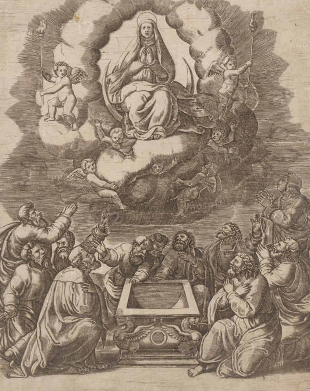 Assumption of Mary, print, The Assumption of Mary in the presence of the apostles. Mary is surrounded by clouds and angels carrying her to heaven., number: 'No 99', printmaker, after print by, after design by, Italy, Master of the Dice, Raphael, paper, engraving, intaglio printmaking technique, engraving with plate tone, height 259 mm x width 212 mm, the assumption of Mary ('assumptio corporis'): she is borne into heaven by angels, A monochrome engraving shows a robed seated female figure within a ring of clouds, hands together at her chest and feet resting on a crescent shape, surrounded by winged cherubs and putti on and around the clouds, two cherubs holding tall torches. Below the cloud assembly a group of robed men gather around an ornate rectangular container with decorative animal motifs, many of them gesturing upward with raised hands, clasped hands, or expressive faces, some kneeling and some standing, all rendered in detailed line work and hatching.