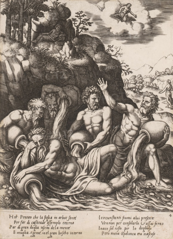 Peneus comforted by other river gods, Story of Apollo and Daphne, print, Series number, 4, Peneus and four other river gods. The river gods show their sympathy after the metamorphosis of Peneus' daughter Daphne into a laurel tree. In the sky Jupiter with eagle and lightning bolt. Italian text in two columns in the bottom margin. Numbered lower right: 4., The Illustrated Bartsch 22, Bartsch 22-1(2), printmaker: Master of the Dice, Italy, after design by Baldassare Peruzzi, c. 1530 - c. 1560, Master of the Dice, Baldassare Peruzzi, printmaker, after design by, paper, engraving, intaglio printmaking technique, engraving with plate tone, height 247 mm x width 181 mm, This print is part of a series of four prints depicting the story of Apollo and Daphne., (story of) Jupiter (Zeus), the river-gods condole with Peneus for the loss of Daphne transformed into a tree, A detailed black and white engraving shows a group of muscular, bearded male figures reclining and seated among rocky terrain whi...