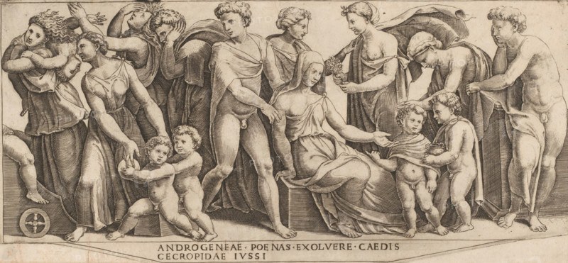 Marriage of Jason and Creusa, print, In the center sits the Corinthian princess Creusa and next to her stands the partially naked Jason. On the left Medea with a child over her shoulder. Latin text in lower margin., printmaker: Master of the Dice, Italy, c. 1530 - c. 1560, paper, engraving, intaglio printmaking technique, engraving with plate tone, height 145 mm x width 313 mm, possibly with Medea watching the scene, A horizontal engraving shows a group of clothed and partially nude figures arranged across a shallow foreground, with seated and standing adults interspersed with small children; most figures wear draped robes or cloaks with visible folds, while a few are nude, and several figures have short curly hair or covered heads. On the left a standing woman with flowing hair holds a child and is flanked by another woman in a long dress who reaches toward two small naked children who stand close together, one holding a rounded object. Central figures include a seated woman draped in...