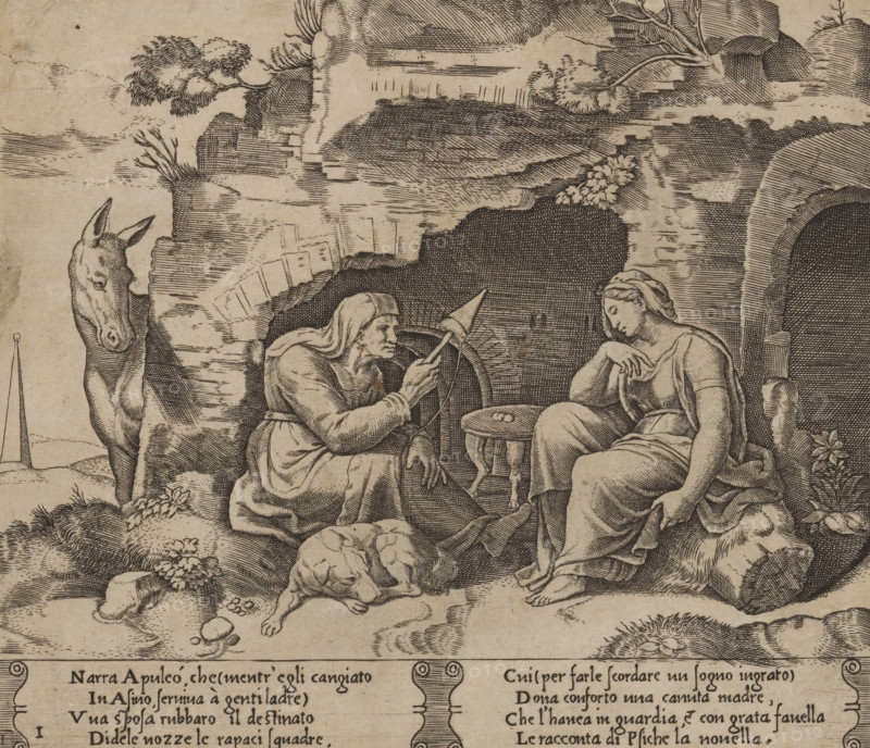 Lucius listens to the story of Amor and Psyche, Story of Amor and Psyche, print, Series number, 1, 32, Lucius, the protagonist of Apuleius' novel 'Metamorphoses', has been transformed into a donkey and hears an old woman telling the story of Amor and Psyche to a young woman. Before the opening of a cave, the old woman with spinning wheel and dog sits on the left, and the young woman on the right. Italian text in two cartouches in the bottom margin. Numbered twice lower left: 1., printmaker: Master of the Dice, Italy, after design by Michiel Coxie (I), c. 1530 - c. 1560, Master of the Dice, Michiel Coxie (I), printmaker, after design by, paper, engraving, intaglio printmaking technique, engraving with plate tone, height 195 mm x width 224 mm, A monochrome engraving shows two seated women in classical drapery facing each other near a rocky cave entrance, one older woman holding a spindle-like tool and appearing to gesture toward a distaff while the younger woman rests her arm on her ches...