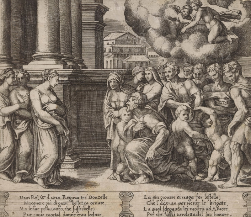 Psyche as a goddess worshipped by the people, Story of Cupid and Psyche, print, Series number, 2, 32, On the left stands the king's daughter Psyche and on the right the people offering sacrifices to her. In the upper right the jealous Venus and her son Cupid. Italian text in two cartouches in the lower margin. Numbered lower left: 3 and 2., printmaker: Master of the Dice, Italy, after design by Michiel Coxie (I), c. 1530 - c. 1560, Master of the Dice, Michiel Coxie (I), printmaker, after design by, paper, engraving, intaglio printmaking technique, engraving with plate tone, height 196 mm x width 228 mm, A detailed black and white engraving shows a classical architectural setting with large fluted columns and a stone platform, a group of standing and seated figures in flowing drapery gathered on the steps, several of the figures are nude or partially draped, some holding or touching small children, others clasping or supporting each other, a bowed older man with a beard sits among the g...