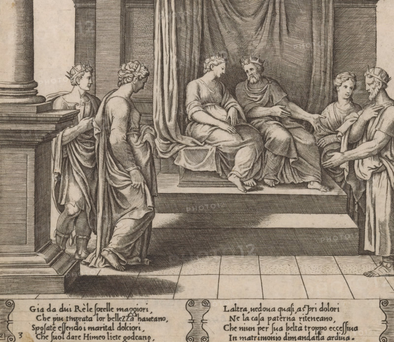Psyche and her sisters married to kings, Story of Cupid and Psyche, print, Series number, 3, 32, Psyche and her two sisters together with three kings in a palace. Psyche's sisters were both married to kings. Italian text in two cartouches in the lower margin. Numbered lower left: 2 and 3., printmaker: Master of the Dice, after design by Michiel Coxie (I), c. 1530 - c. 1560, Master of the Dice, Michiel Coxie (I), printmaker, after design by, paper, engraving, intaglio printmaking technique, engraving with plate tone, height 199 mm x width 227 mm, A finely detailed pen-and-ink scene shows a raised platform with draped fabric as a backdrop and two seated figures wearing robes and crowns facing each other, the seated left figure with a softer profile and folded hands and the seated right figure with a beard and an outstretched arm; standing figures in flowing garments approach and flank the platform, some looking toward the seated pair and others turned slightly away, one standing figure o...