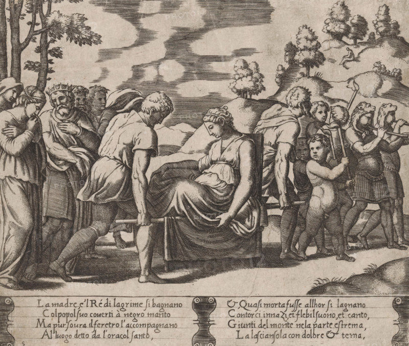 Psyche is carried to a mountain, Story of Amor and Psyche, print, Series number, 5, 32, On the advice of Apollo, the king's daughter Psyche is carried to a mountain where she will be left alone. Leading the way are children with torches and two musicians with trumpets. At the back walk Psyche's grieving parents. The mountain lies in the background on the right. Italian text in two cartouches in the lower margin. Numbered twice lower left: 5., Bartsch 43-1(2), The Illustrated Bartsch 43, printmaker: Master of the Dice, Italy, after design by Michiel Coxie (I), c. 1530 - c. 1560, paper, engraving, intaglio printmaking technique, engraving with plate tone, height 193 mm x width 227 mm, A monochrome engraving shows a procession of figures moving from left to right across a landscape with rolling hills and scattered trees under a cloudy sky. In the center, a seated woman in draped clothing is being carried on a stretcher by two muscular men; she leans forward with a downward gaze and her ha...