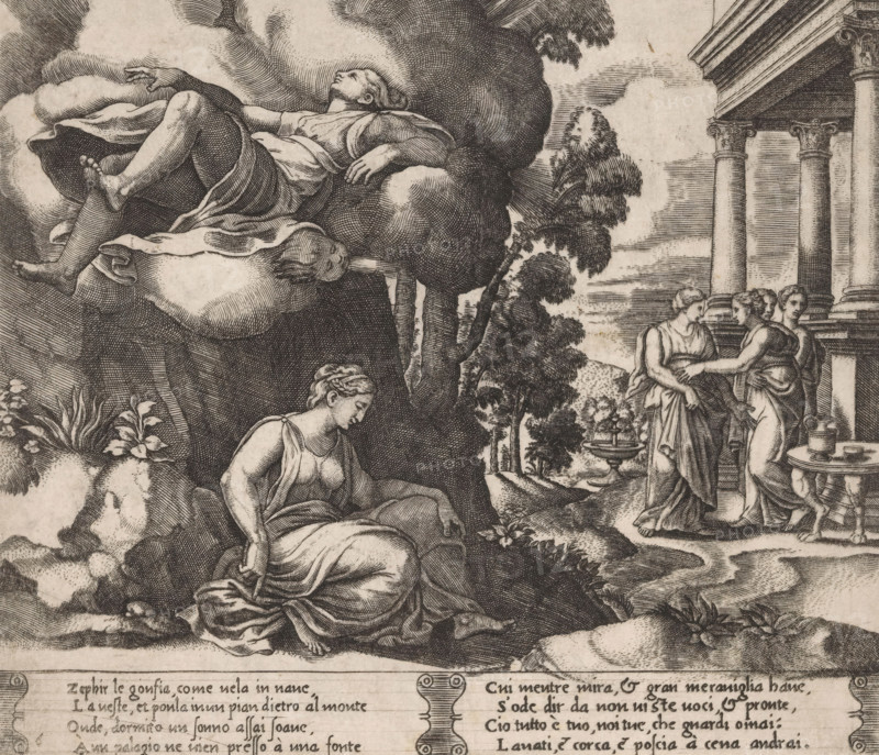 Psyche carried away by Zephyrus, Story of Cupid and Psyche, print, Series number, 6, 32, Psyche is carried away in her sleep by Zephyrus (the personification of the west wind). On the right, the arrival of Psyche at Cupid's palace. Italian text in two cartouches in the lower margin. Numbered twice lower left: 6., The Illustrated Bartsch 44, Bartsch 44-1(2), printmaker: Master of the Dice, Italy, after design by Michiel Coxie (I), c. 1530 - c. 1560, Master of the Dice, Michiel Coxie (I), printmaker, after design by, paper, engraving, intaglio printmaking technique, engraving with plate tone, height 195 mm x width 227 mm, A detailed black and white engraving shows a reclining figure nestled in billowing clouds high on the left, limbs relaxed and draped in flowing fabric, while below a seated woman in draped clothing rests on rocky ground amid plants and flowers. To the right, a group of three standing women in classical garments converse near a columned building with ornate capitals and ...