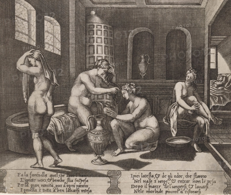 Bathing Psyche, Story of Amor and Psyche, print, Psyche sitting on the edge of a bath, surrounded by three nymphs invisible to her. On the right, a view through to Psyche lying in her bed. Italian text in two cartouches in the lower margin. Numbered twice lower left: 7., printmaker: Agostino Veneziano, Italy, after design by Michiel Coxie (I), 1500 - c. 1536, paper, engraving, intaglio printmaking technique, engraving with plate tone, height 196 mm x width 234 mm, A monochrome engraving showing a tiled interior with arched windows and recessed niches, featuring five partially draped or nude women engaged in bathing and grooming around basins and ornate pitchers; one woman stands with a cloth over her head by a circular tub, another sits on the tub letting her hair be arranged by a kneeling woman holding a bowl, a seated woman on the right adjusts a draped cloth on her leg, and a reclining figure lies on a bed in a recessed alcove; architectural details include a coffered ceiling, a tal...