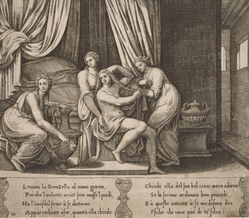 Psyche's Toilet with Nymphs, Story of Amor and Psyche, print, Series number, 10, 32, In a bedroom, Psyche is taking care of her toilet with three assisting nymphs. Italian text in two cartouches in the lower margin. Numbered twice lower left: 10., Bartsch 48-1(2), The Illustrated Bartsch 48, printmaker: Master of the Dice, Italy, after design by Raphael, c. 1530 - c. 1560, Master of the Dice, Raphael, printmaker, after design by, paper, engraving, intaglio printmaking technique, engraving with plate tone, height 198 mm x width 227 mm, A monochrome etched scene showing four women in flowing draped garments arranged around a raised bed with heavy curtains; one woman sits partially undressed on the bed with her hair being arranged by two attendants, another woman crouches nearby holding a jug and cloth by a low table with a tall covered vessel beside it, the background displaying densely hatched walls and a curtained alcove, and decorative carved elements along the lower margin with block...