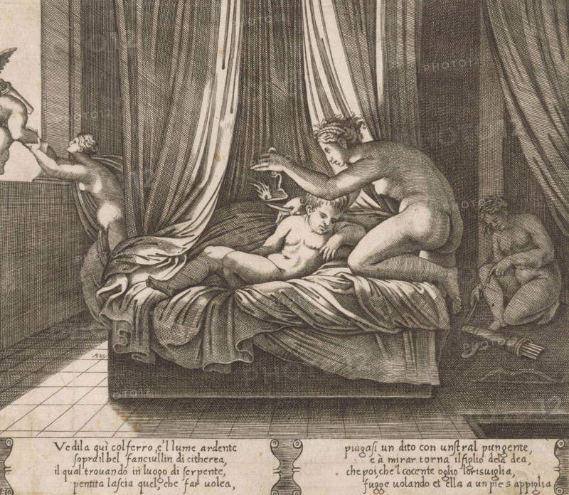 Psyche and the Sleeping Cupid, Story of Cupid and Psyche, print, Series number, 13, 32, Three scenes with Cupid and Psyche depicted in one room. In the center, Cupid lies sleeping on the bed. Psyche sits on the edge of the bed and holds an oil lamp over Cupid. On the right, Psyche sits with Cupid's quiver. On the left stands Psyche, grasping Cupid by his leg as he flies out the window. Italian text in two cartouches in the lower margin. Numbered lower left: 13., Bartsch 51-1(2), The Illustrated Bartsch 51, Bartsch 238, The Illustrated Bartsch 238, printmaker: Agostino Veneziano, Italy, after design by Michiel Coxie (I), c. 1530 - c. 1560, Agostino Veneziano, Michiel Coxie (I), printmaker, after design by, paper, engraving, intaglio printmaking technique, engraving with plate tone, height 196 mm x width 228 mm, A detailed engraving of a draped bed with richly folded sheets and curtains pulled aside to reveal a reclining child figure and an adult figure leaning over the child with an out...