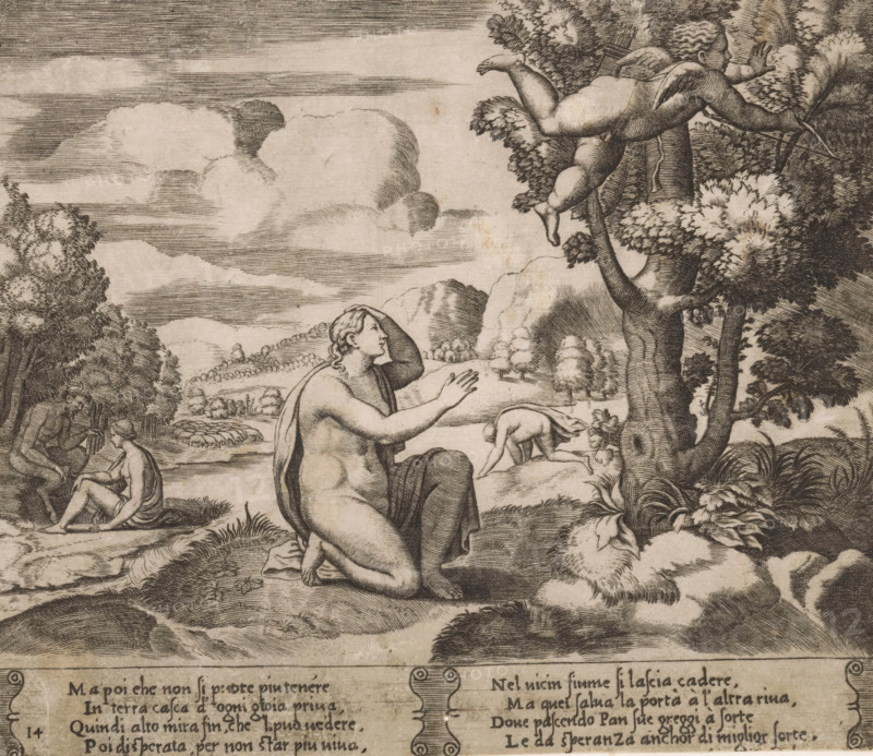 Amor flees from Psyche, Story of Amor and Psyche, print, Series number, 14, 32, In a landscape, the king's daughter Psyche sits while being abandoned by her beloved Amor. In the background, Psyche attempts to throw herself into a river and is comforted by the god Pan. Italian text in two cartouches in the lower margin. Numbered twice lower left: 14., Bartsch 52-1(2), The Illustrated Bartsch 52, printmaker: Master of the Dice, Italy, after design by Michiel Coxie (I), c. 1530 - c. 1560, Master of the Dice, Michiel Coxie (I), printmaker, after design by, paper, engraving, intaglio printmaking technique, engraving with plate tone, height 195 mm x width 227 mm, A detailed engraved scene shows a kneeling nude woman draped with a cloth over one shoulder, raising one hand to her head and extending the other forward; nearby a crouched nude figure bends forward while another seated nude and a standing male figure appear to the left, one holding an object; above, a winged childlike figure with f...